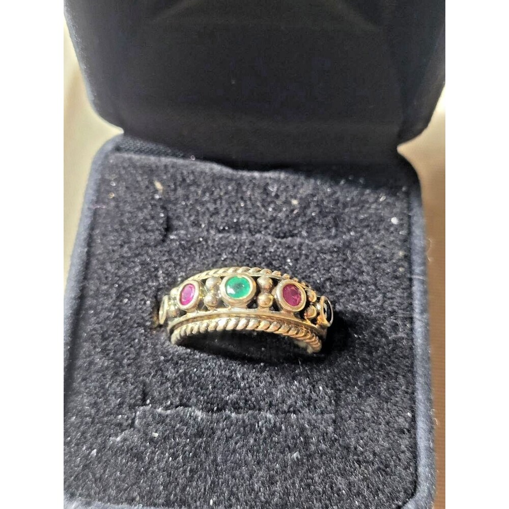 Vintage 925 Sterling Silver Ruby Emerald Sapphire Ring With Gemstones - Size 7